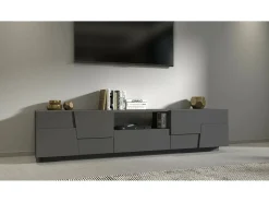 Móvel De Tv*Dmora Armário de TV Dcortinovi, Aparador de sala baixa com 4 portas e 1 gaveta, Base de suporte de TV, 220x44h46 cm, Antracite Preto