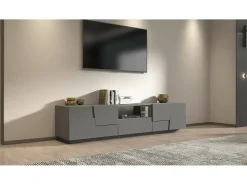 Móvel De Tv*Dmora Armário de TV Dcortinovi, Aparador de sala baixa com 4 portas e 1 gaveta, Base de suporte de TV, 220x44h46 cm, Antracite Preto