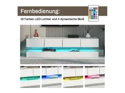 Móvel De Tv| Armário de TV de parede 130x33x15cm, 2 armários e 4 gavetas, LED de 16 cores, para até 55 polegadas Branco