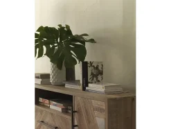 Móvel De Tv| Armário de TV em madeira de abeto com base metálica Natural claro