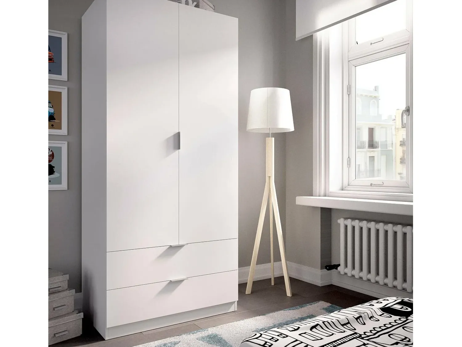 Clearance Dmora Armário Dlunin, Cabide para quarto, Armário com 2 portas de batente e 2 gavetas, 81x52h184 cm, Branco