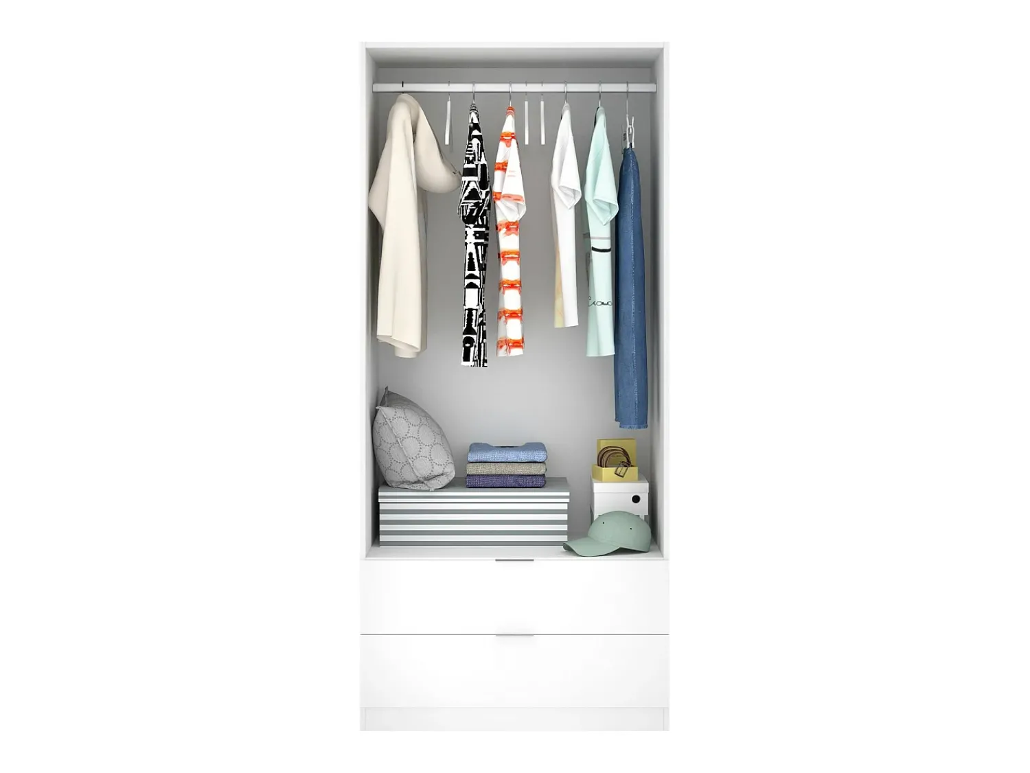 Clearance Dmora Armário Dlunin, Cabide para quarto, Armário com 2 portas de batente e 2 gavetas, 81x52h184 cm, Branco