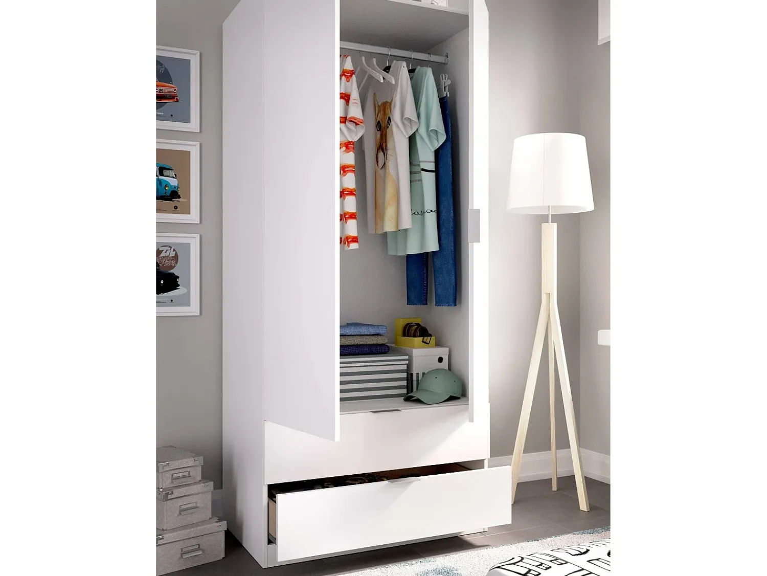 Clearance Dmora Armário Dlunin, Cabide para quarto, Armário com 2 portas de batente e 2 gavetas, 81x52h184 cm, Branco