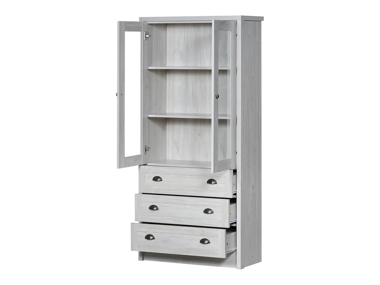 KOMHTOM Armário expositor moderno 80x34x171 cm - Exterior em madeira, portas de vidro, 3 gavetas e puxadores em latão^ Vitrina