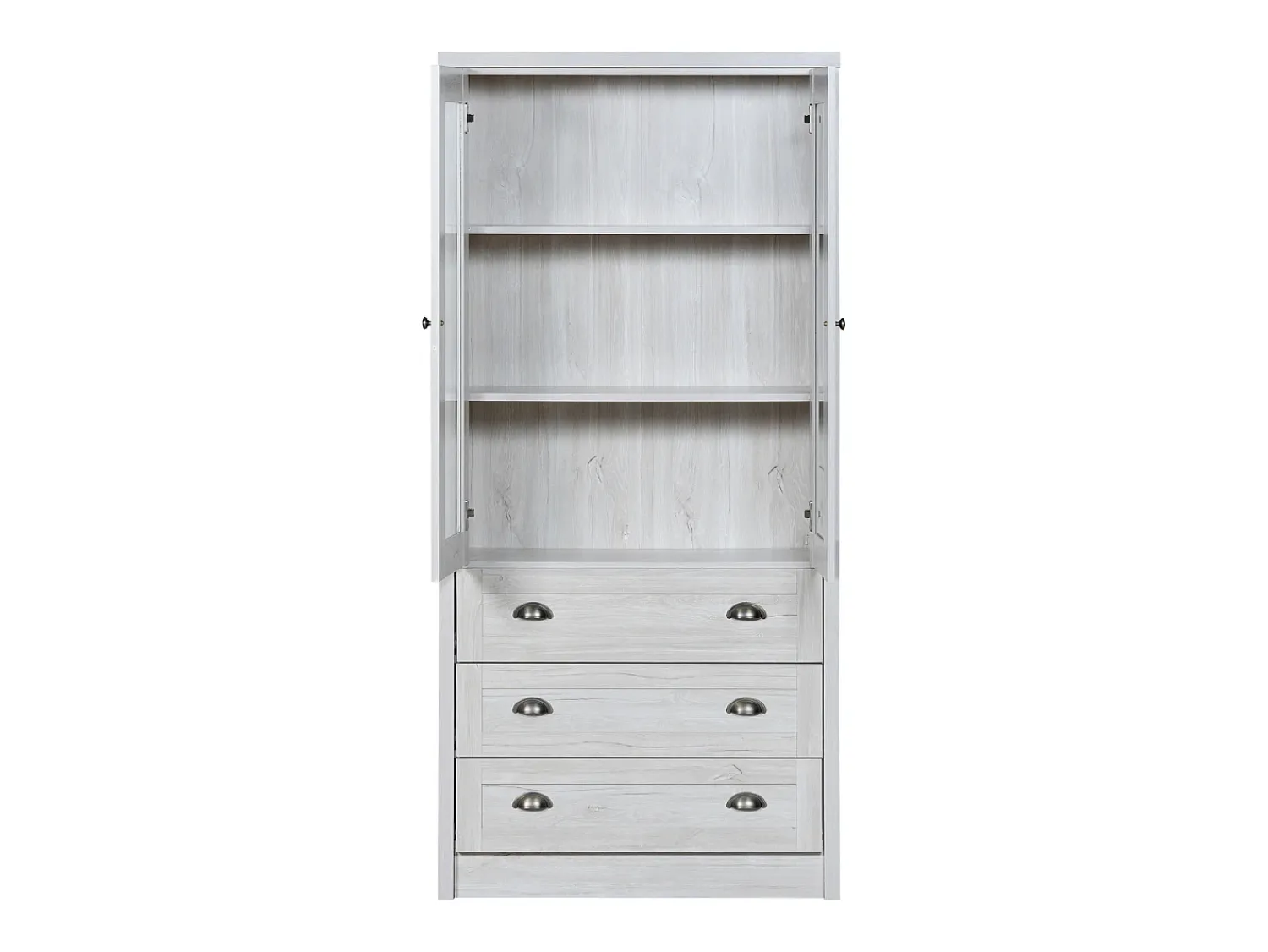 KOMHTOM Armário expositor moderno 80x34x171 cm - Exterior em madeira, portas de vidro, 3 gavetas e puxadores em latão^ Vitrina