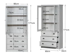 KOMHTOM Armário expositor moderno 80x34x171 cm - Exterior em madeira, portas de vidro, 3 gavetas e puxadores em latão^ Vitrina