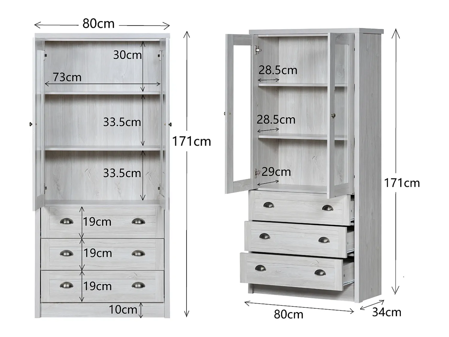 KOMHTOM Armário expositor moderno 80x34x171 cm - Exterior em madeira, portas de vidro, 3 gavetas e puxadores em latão^ Vitrina