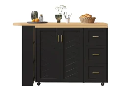 Outlet Merax Balcão de cozinha extensível com rodízios - 135-228 x 39 x 104 cm - com 2 portas + 3 gavetas - MDF + metal - Preto