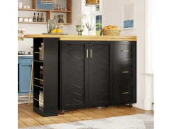 Outlet Merax Balcão de cozinha extensível com rodízios - 135-228 x 39 x 104 cm - com 2 portas + 3 gavetas - MDF + metal - Preto