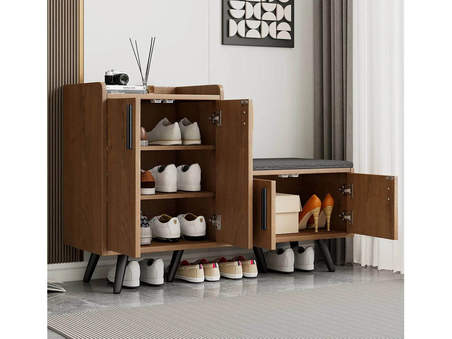 Móvel De Arrumação|Sapateira|Merax Banco de sapatos moderno com 4 portas e almofada - pernas e puxadores de metal - cor natural - 120 x 34 x 82 cm Natural claro