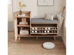 New Banco para sapatos de entrada, armário para sapatos com espaço de armazenamento e assento acolchoado, 100 x 30 x 69,5 cm Natural claro
