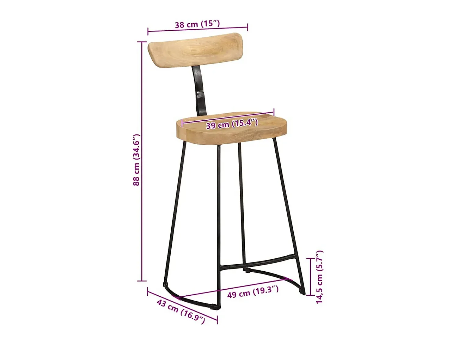 Banco*vidaxl Bancos de bar 2 pcs 49x43x88 cm madeira de mangueira maciça Natural claro
