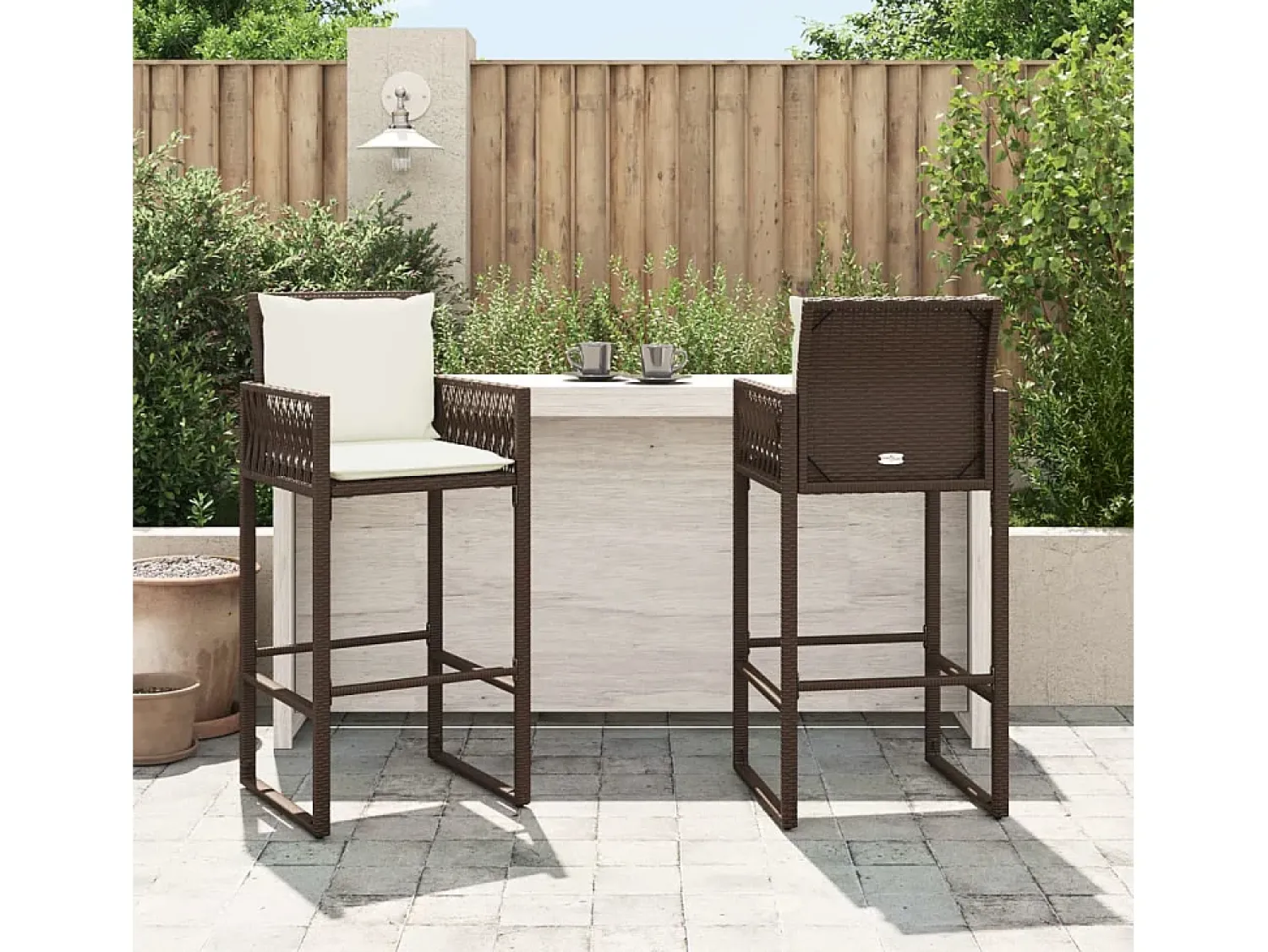 Hot Bancos de bar para jardim com almofadões 2 pcs vime PE PT359417 Castanho