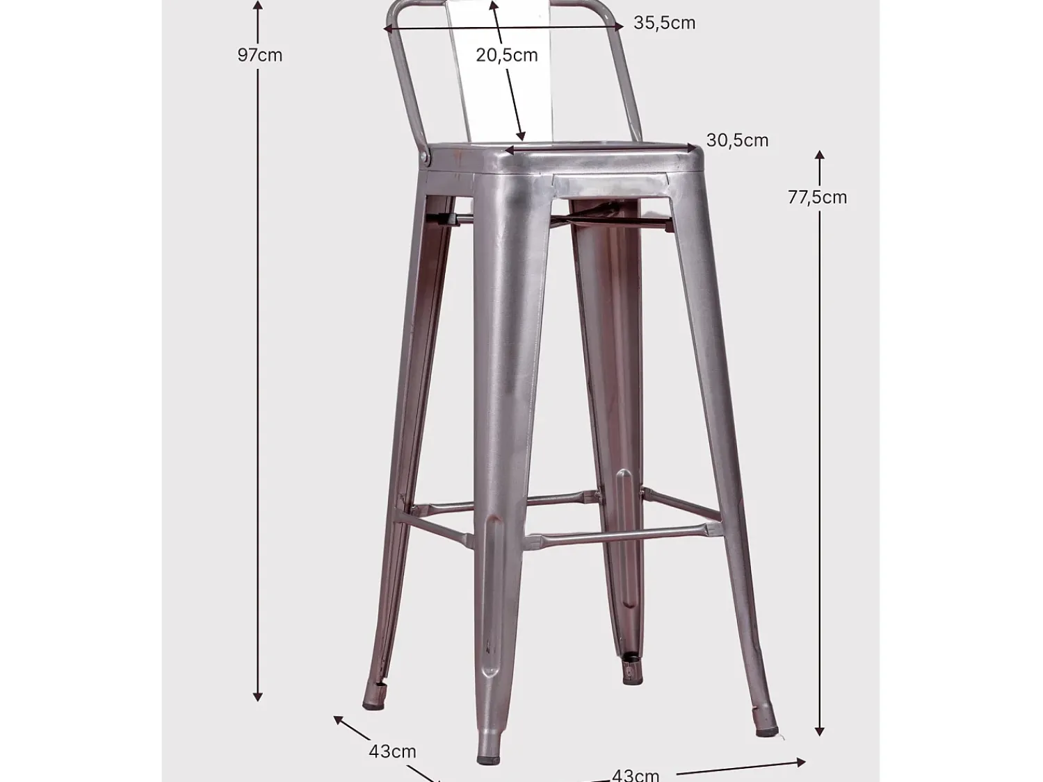 Nest Dream Banqueta industrial em aço metalizado com encosto baixo (76cm) - Bistro - Metal^ Banco