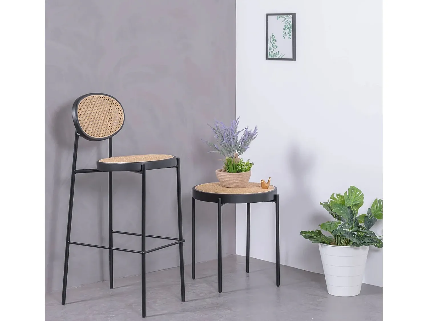 Banco*Nest Dream Banqueta vintage com design clássico em rattan natural - North - Preto