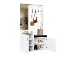 Móvel De Entrada| Cabideiro 6 em 1 - Espelho, Banco Estofado, Sapateira, Ganchos, Design Moderno Branco