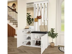 Móvel De Entrada| Cabideiro 6 em 1 - Espelho, Banco Estofado, Sapateira, Ganchos, Design Moderno Branco
