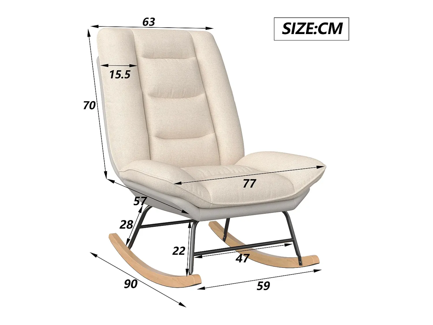Cadeira de balanço, cadeira de amamentação, pés de madeira maciça, para sala de estar, bege + cinza, 77x90x98 cm^ Poltrona