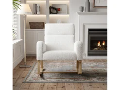 Poltrona* Cadeira de balanço, cadeira de relaxamento, com bolsos e pernas de madeira, veludo Teddy bege Branco