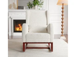 Poltrona| Cadeira de balanço com almofada lombar, bolso lateral e apoio para os pés, pés de madeira maciça, . Bege