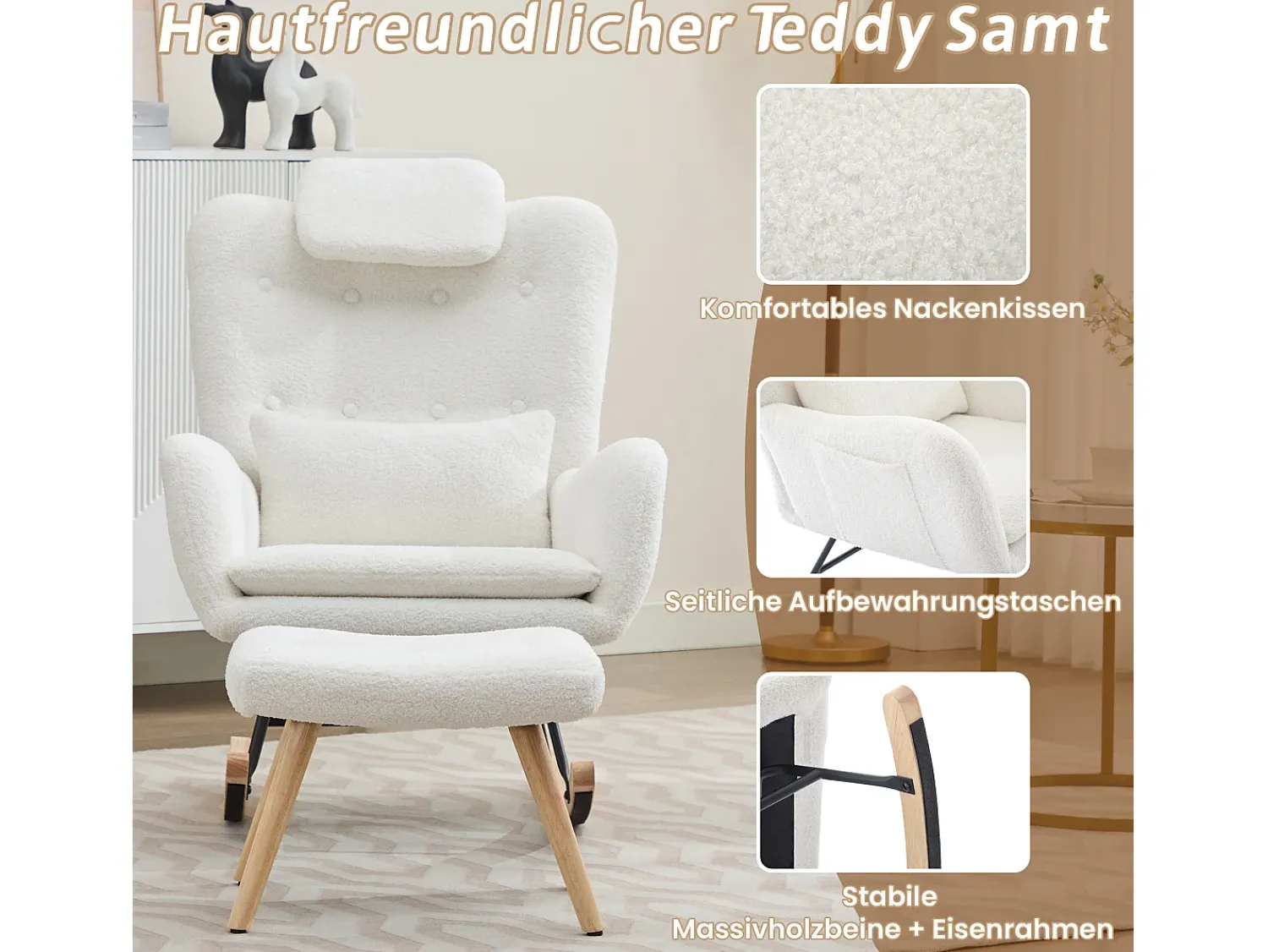 Poltrona*Merax Cadeira de balanço com apoio para os pés - 73 x 92 x 102 cm - Apoios de braços e apoio de cabeça - Tecido de veludo Teddy - Branco