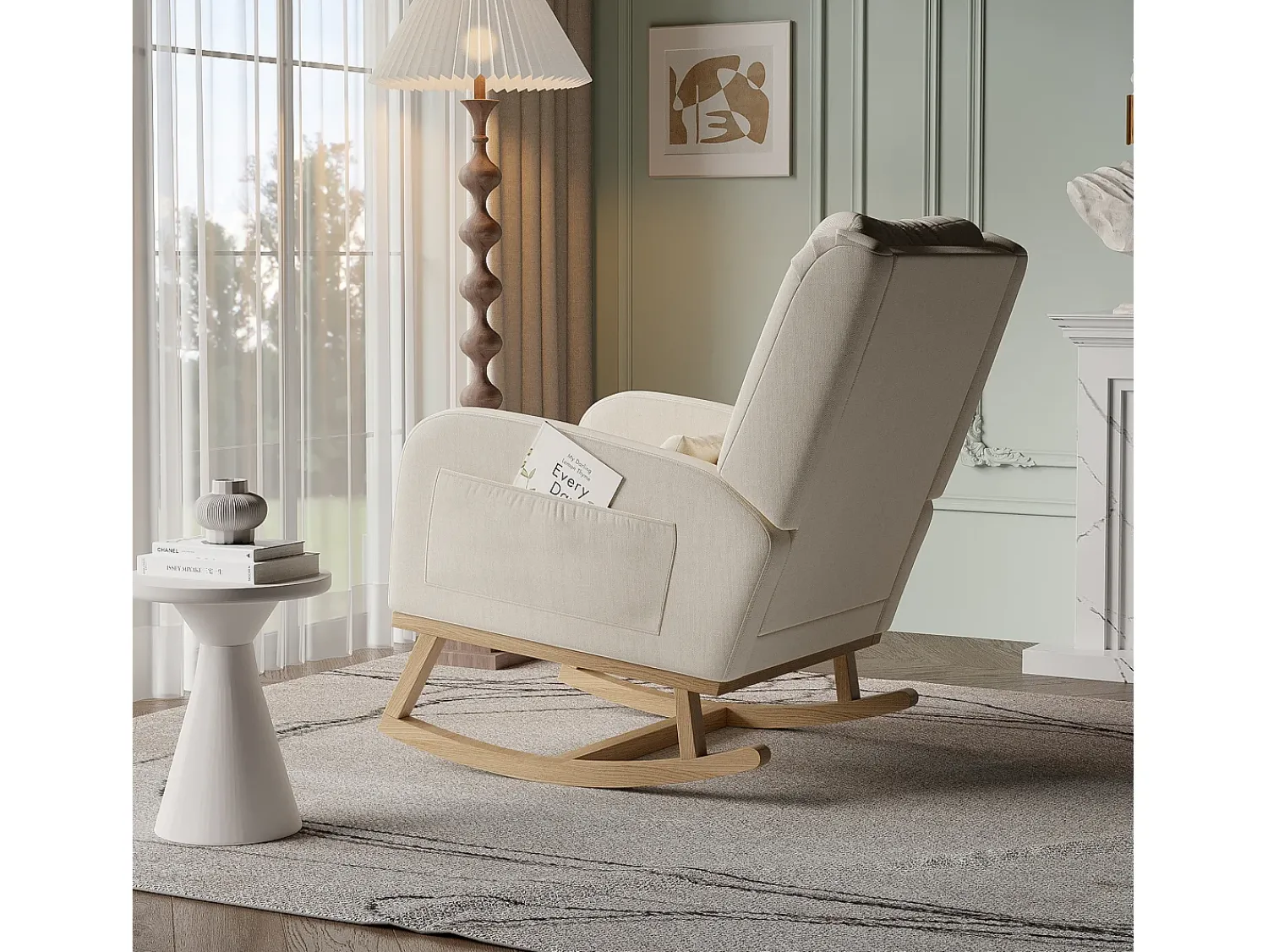 Poltrona* Cadeira de balanço com base e encosto de madeira, Poltrona relaxante para sala de estar, Linho, Bege