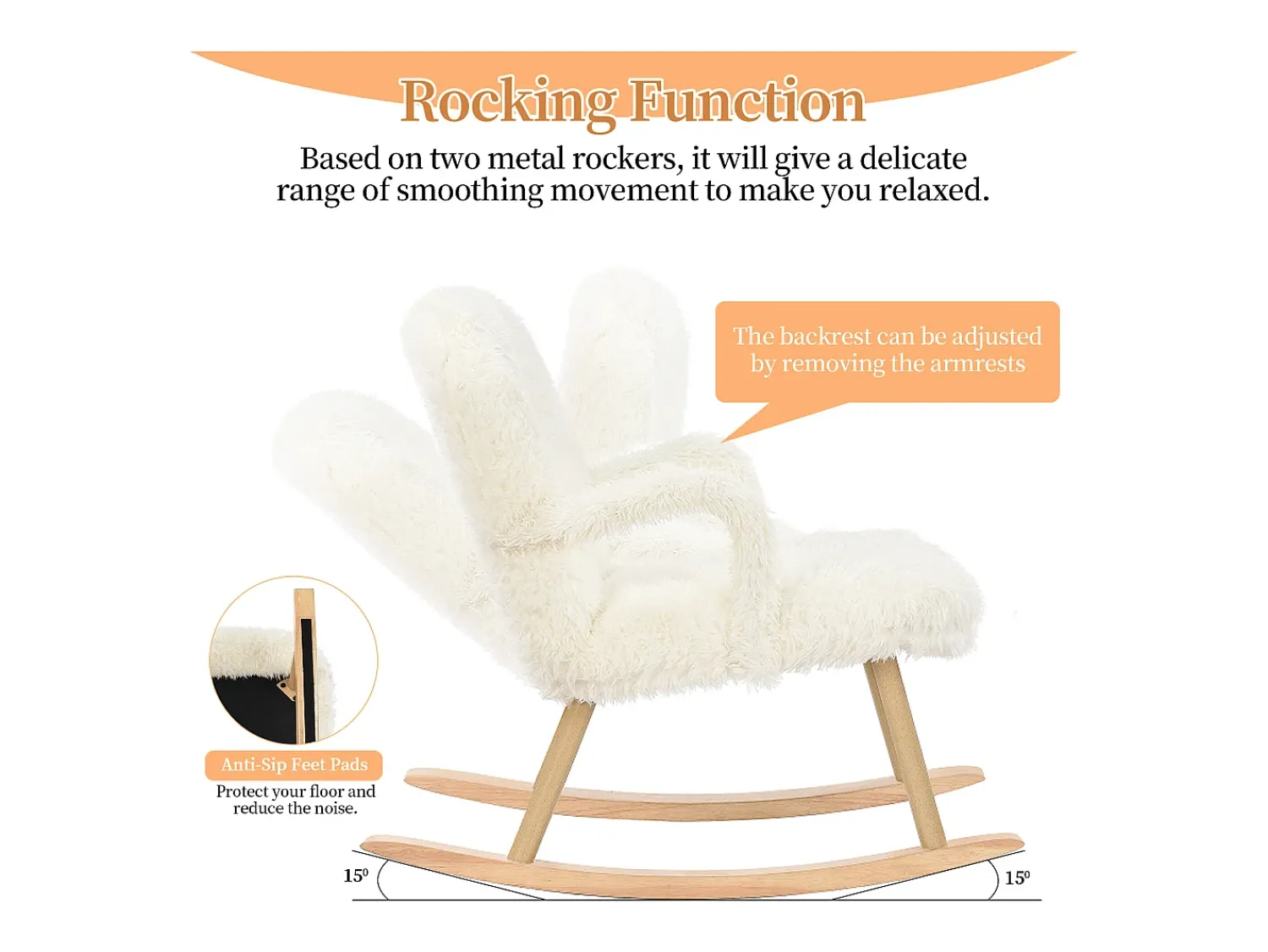 Poltrona* Cadeira de balanço de pelúcia Teddy - Cadeira de balanço confortável com apoio para os pés e pernas de madeira maciça - 65 x 96,5 x 85 cm - Branca Branco