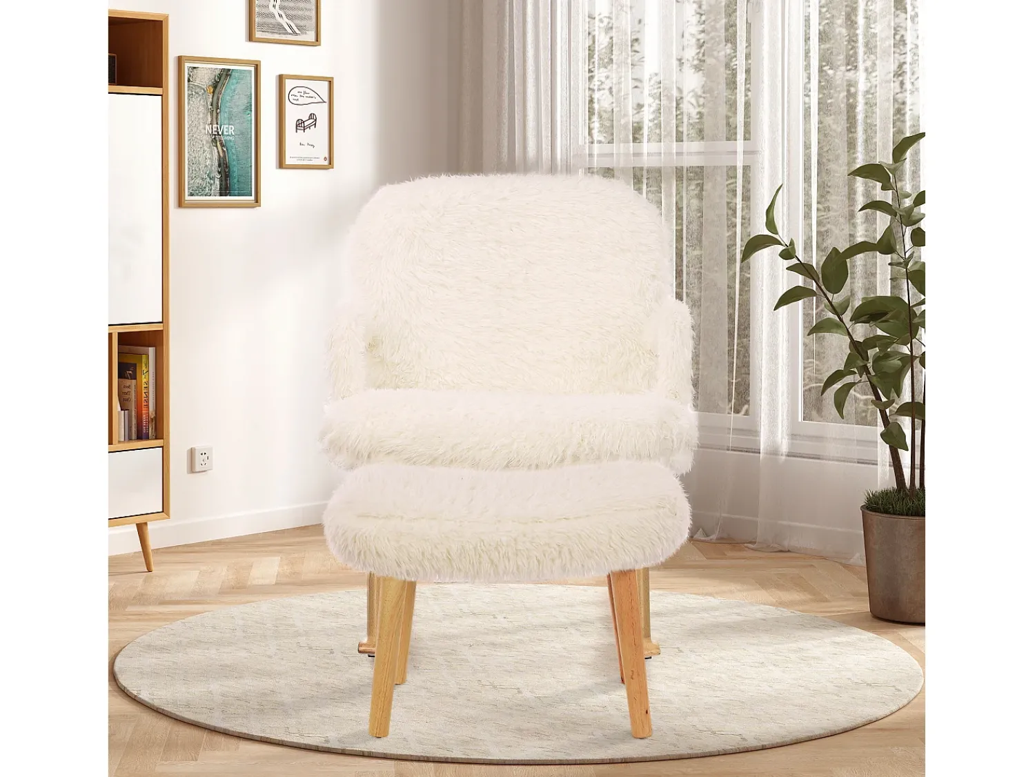 Poltrona* Cadeira de balanço de pelúcia Teddy - Cadeira de balanço confortável com apoio para os pés e pernas de madeira maciça - 65 x 96,5 x 85 cm - Branca Branco