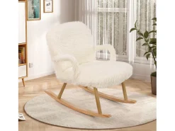 Poltrona* Cadeira de balanço de pelúcia Teddy - Cadeira de balanço confortável com apoio para os pés e pernas de madeira maciça - 65 x 96,5 x 85 cm - Branca Branco