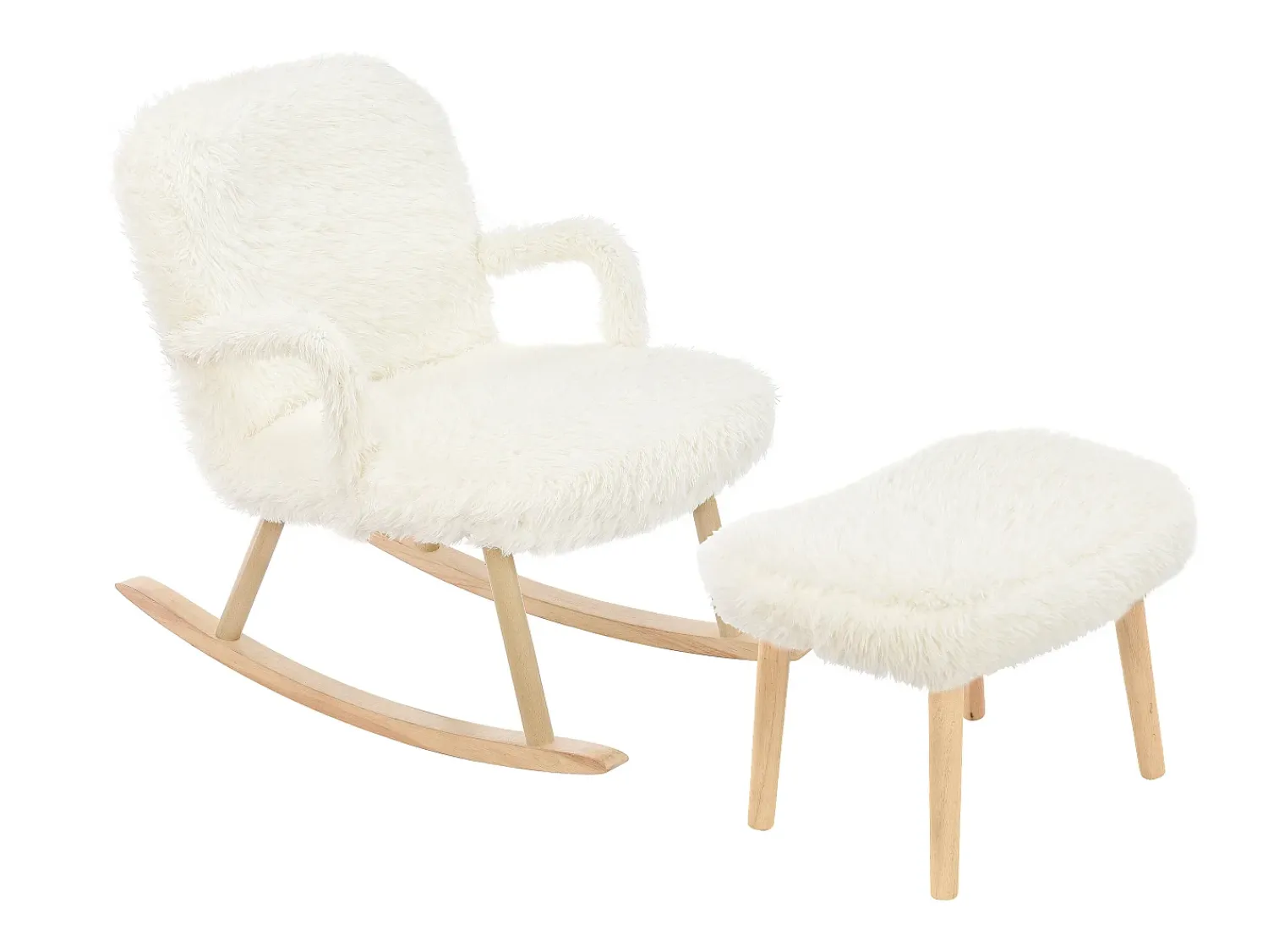 Poltrona* Cadeira de balanço de pelúcia Teddy - Cadeira de balanço confortável com apoio para os pés e pernas de madeira maciça - 65 x 96,5 x 85 cm - Branca Branco