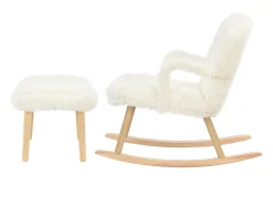 Poltrona* Cadeira de balanço de pelúcia Teddy - Cadeira de balanço confortável com apoio para os pés e pernas de madeira maciça - 65 x 96,5 x 85 cm - Branca Branco
