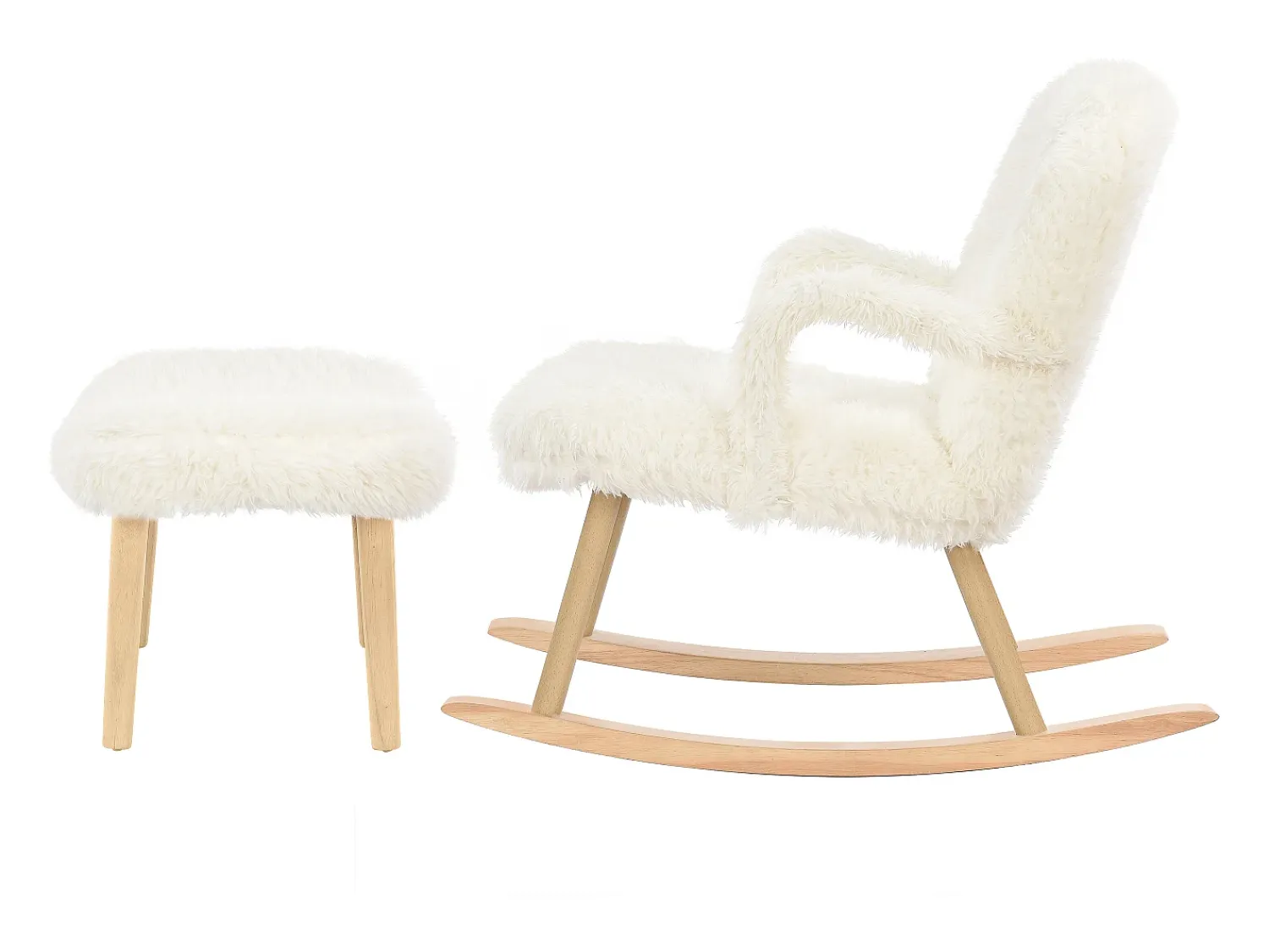 Poltrona* Cadeira de balanço de pelúcia Teddy - Cadeira de balanço confortável com apoio para os pés e pernas de madeira maciça - 65 x 96,5 x 85 cm - Branca Branco