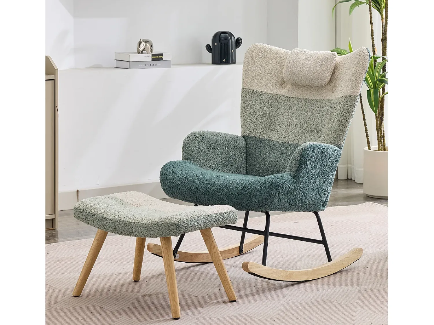 Merax Cadeira de balanço de tecido bouclé com apoio para os pés e para a cabeça - 65,5 x 83 x 95 cm - Multicolorido^ Poltrona
