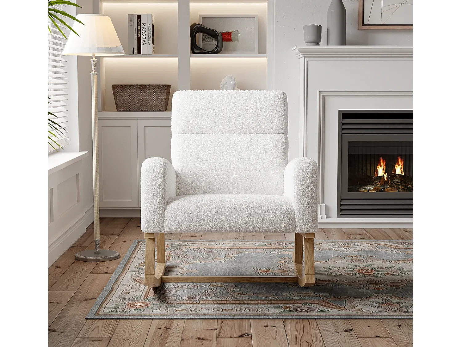 Poltrona* Cadeira de balanço em lã de cordeiro com 2 bolsos laterais, assento amplo e confortável, branca. Branco