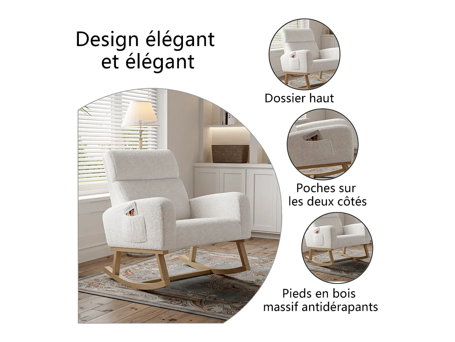 Poltrona* Cadeira de balanço em lã de cordeiro com 2 bolsos laterais, assento amplo e confortável, branca. Branco