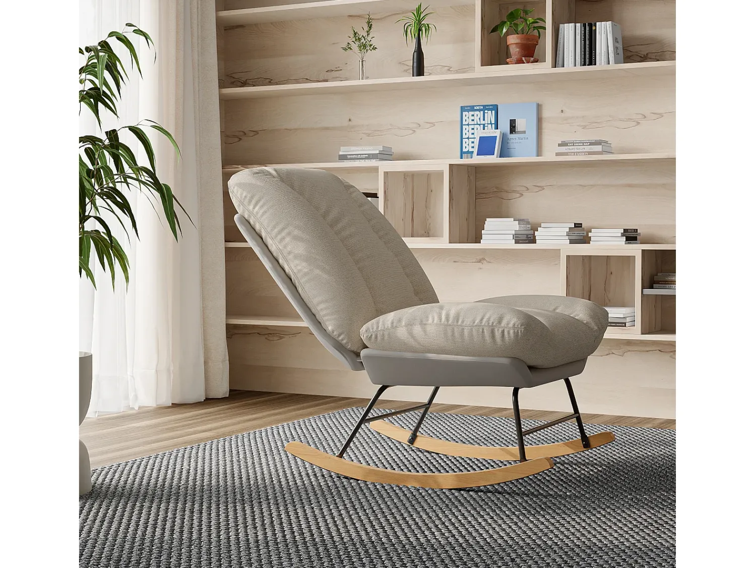 Poltrona* Cadeira de balanço ergonômica com almofada bege e estrutura cinza, estofada em tecido de linho e couro sintético. Branco