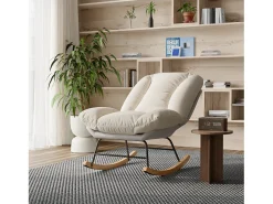 Poltrona* Cadeira de balanço ergonômica com almofada bege e estrutura cinza, estofada em tecido de linho e couro sintético. Branco