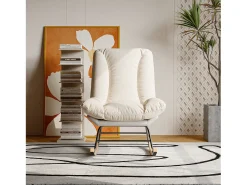 Poltrona* Cadeira de balanço ergonômica com almofada bege e estrutura cinza, estofada em tecido de linho e couro sintético. Branco