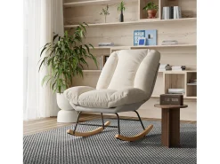 Poltrona* Cadeira de balanço ergonômica com almofada bege e estrutura cinza, estofada em tecido de linho e couro sintético. Branco