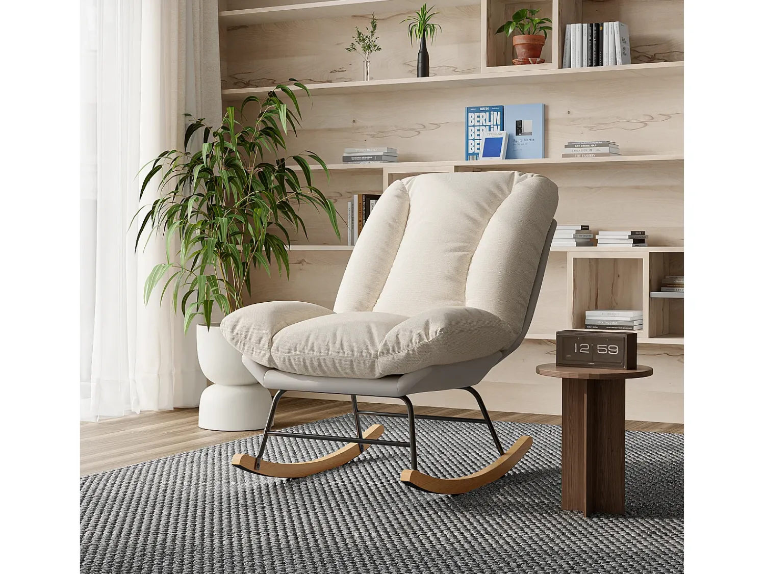 Poltrona* Cadeira de balanço ergonômica com almofada bege e estrutura cinza, estofada em tecido de linho e couro sintético. Branco