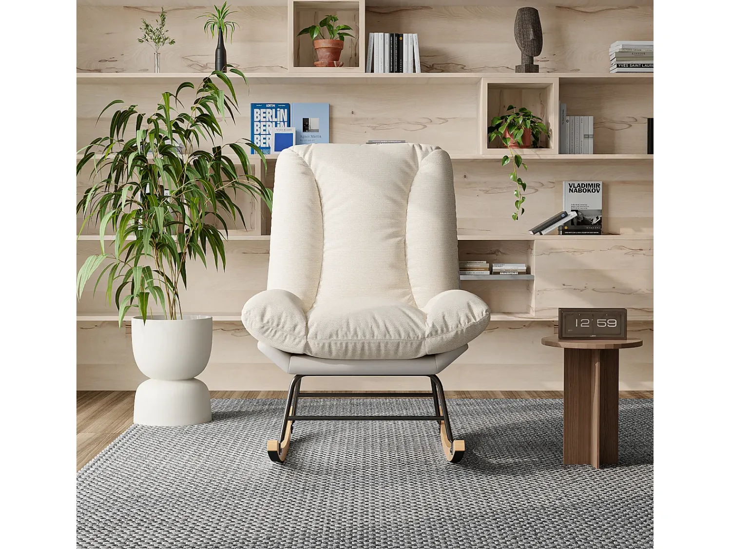Poltrona* Cadeira de balanço ergonômica com almofada bege e estrutura cinza, estofada em tecido de linho e couro sintético. Branco