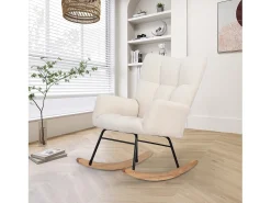 Poltrona* Cadeira de balanço moderna em tecido com efeito de lã de pelúcia e pés de madeira maciça de seringueira, bege. Branco