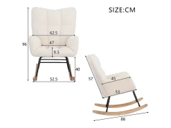 Poltrona* Cadeira de balanço moderna em tecido com efeito de lã de pelúcia e pés de madeira maciça de seringueira, bege. Branco