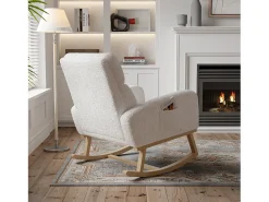 Poltrona| Cadeira de balanço para relaxamento, braços, bolsos, pernas de madeira, veludo , 150 kg Bege