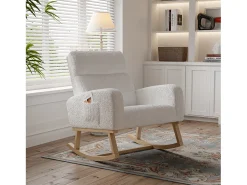 Poltrona| Cadeira de balanço para relaxamento, braços, bolsos, pernas de madeira, veludo , 150 kg Bege