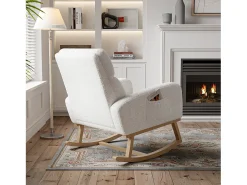 Poltrona| Cadeira de balanço, poltrona com almofada acolchoada, bolso lateral e apoios de braço, linho, branca Branco
