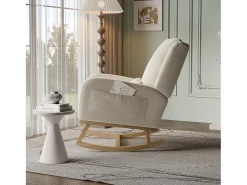 Poltrona| Cadeira de balanço, poltrona com almofada acolchoada, bolso lateral e apoios de braço, linho, Bege