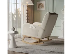 Poltrona| Cadeira de balanço, poltrona com almofada acolchoada, bolso lateral e apoios de braço, linho, Bege