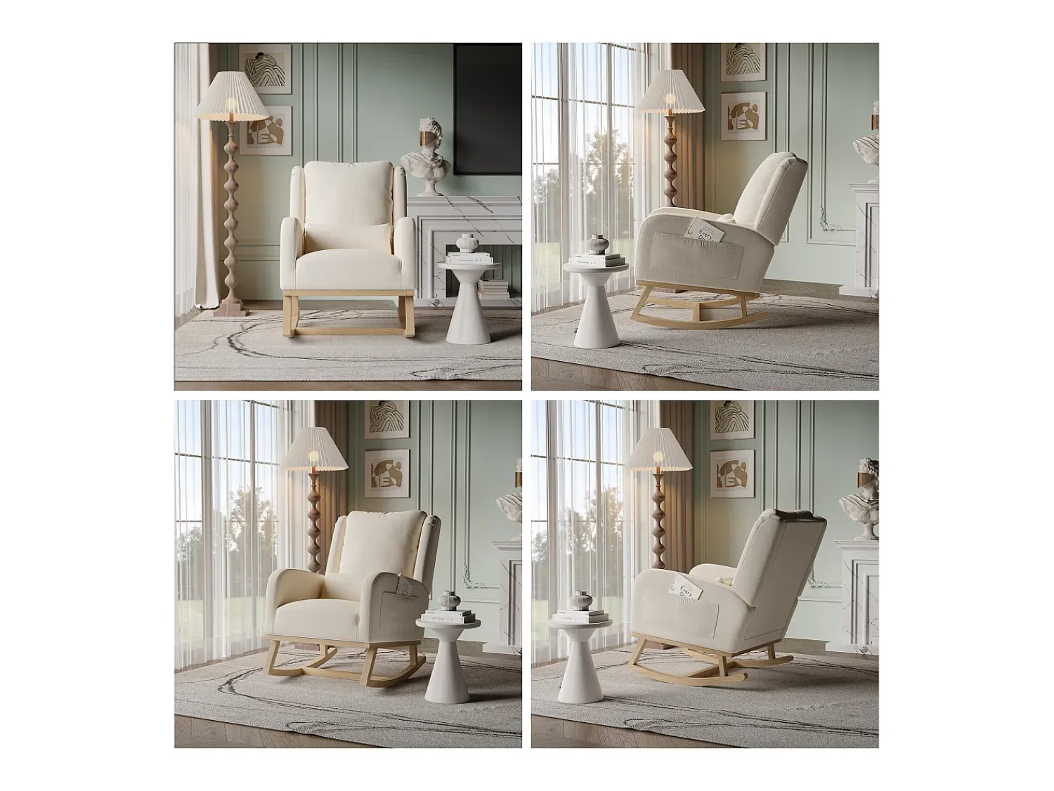 Poltrona| Cadeira de balanço, poltrona com almofada acolchoada, bolso lateral e apoios de braço, linho, Bege