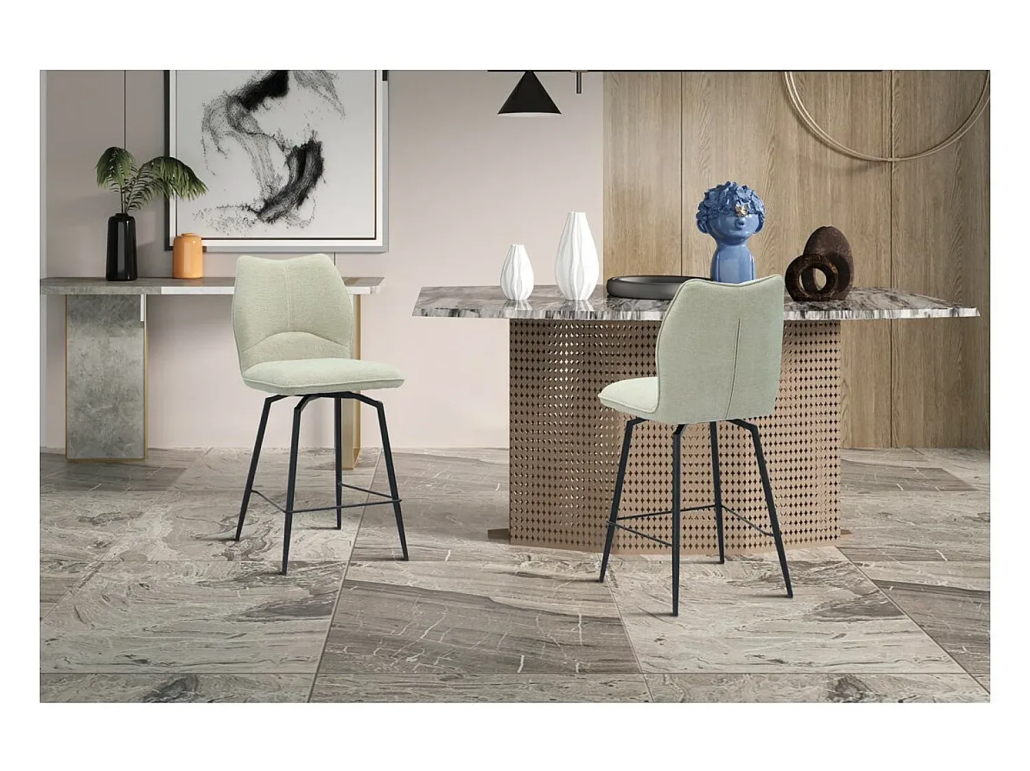 Meublorama Cadeira de balcão giratória CROFT – Tecido cru – Pés de metal preto – Altura 103 cm – Estilo design/industrial^ Banco